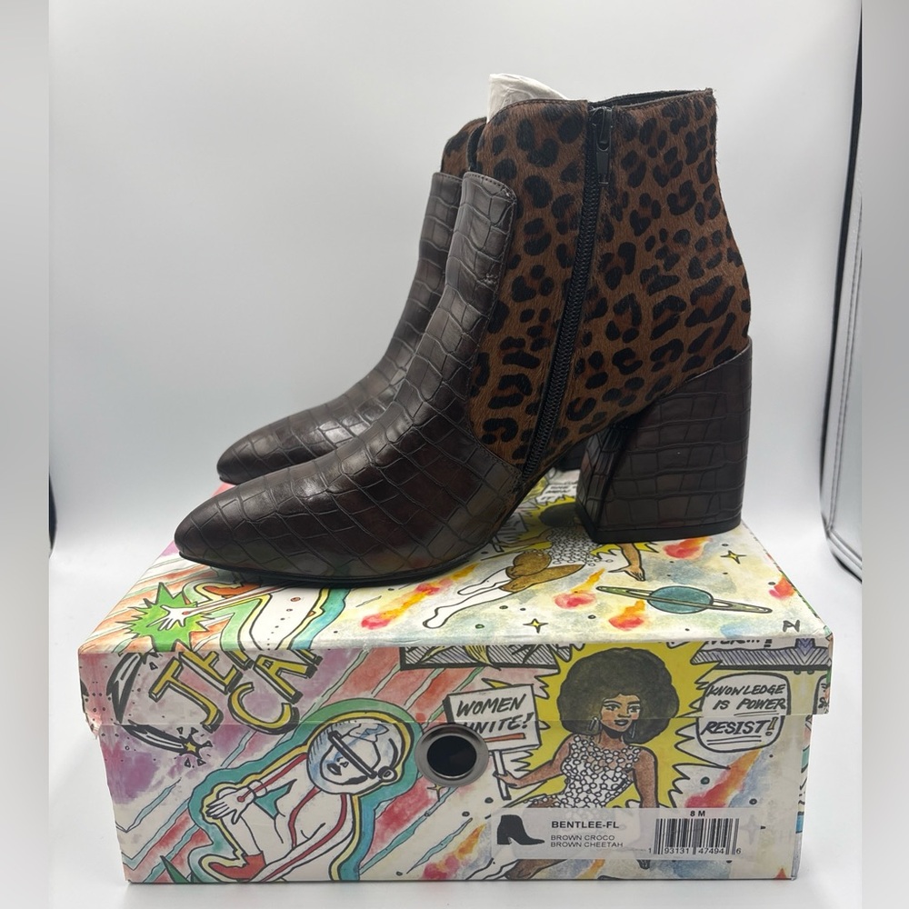 Jeffrey Campbell Bentlee Boots Calf Hair Cheetah Croc Leather Brown Size 8M NIB